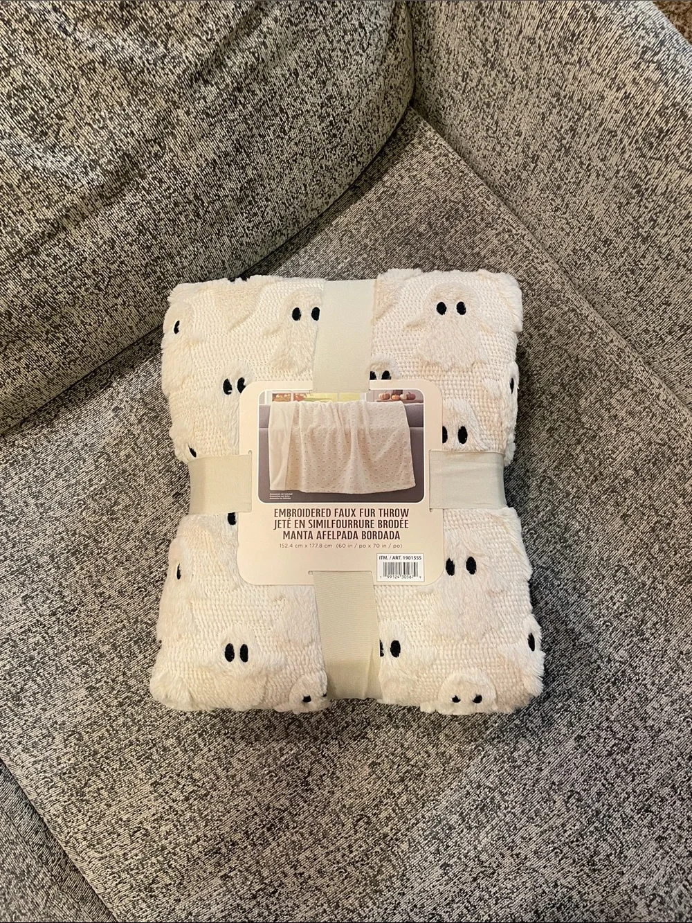 Ghost Embroidered Faux Fur Throw Blanket